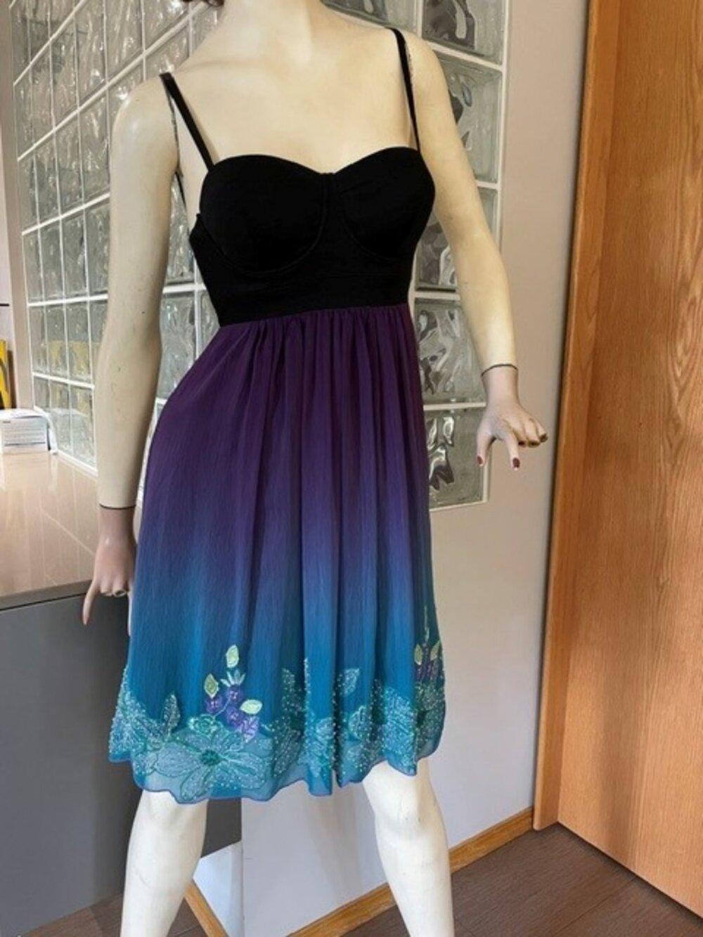 NEW Vtg. GUESS Y2K PURPLE & TEAL Flowy Empire Waist Dress FITTED BODICE XSmall